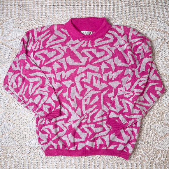 Vintage 1980s Transformer Women's  Medium Pink Glittery Knit Collared Sweater - Picture 1 of 4